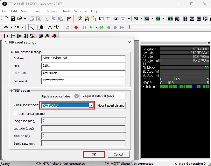 Come collegare un ricevitore della serie simpleRTK2B al servizio di correzione aNTRIP tramite PC (passaggio 7)